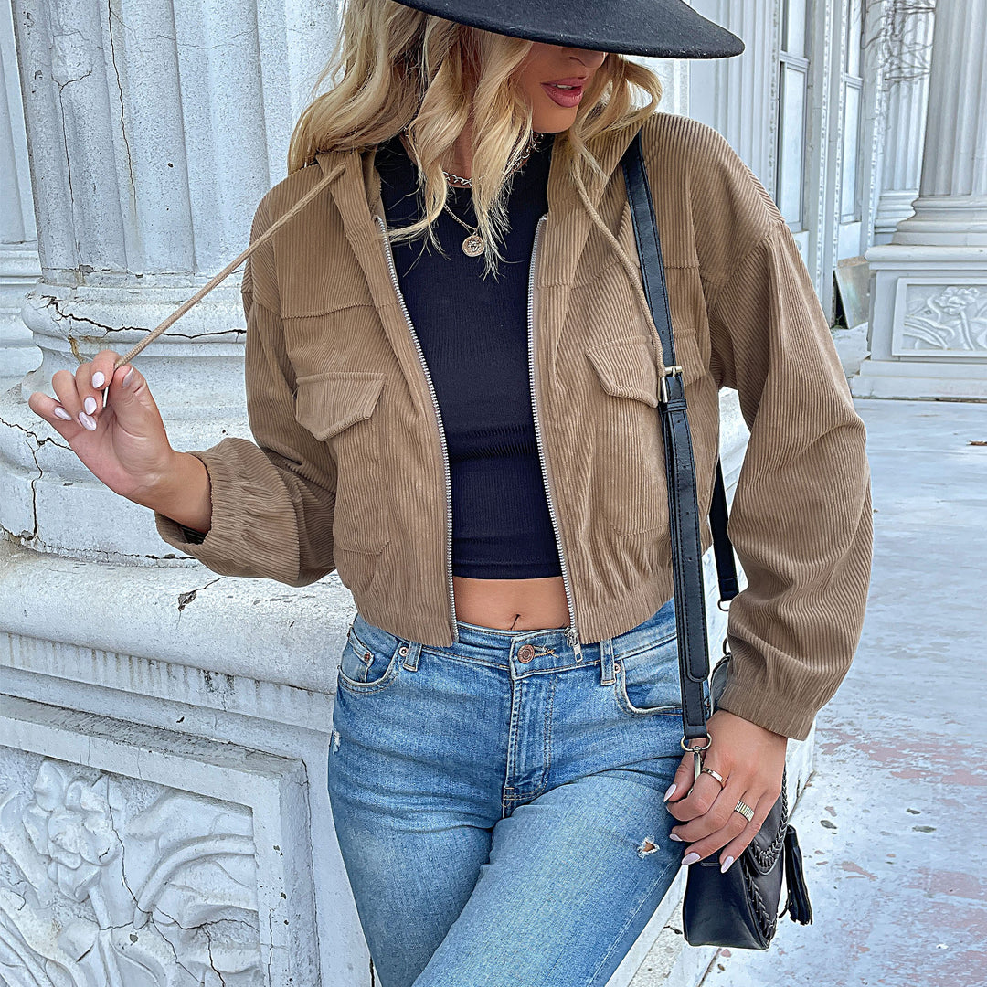 Damen Lässige Cordjacke mit Kapuze Nord Taschen