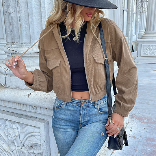Damen Lässige Cordjacke mit Kapuze Nord Taschen
