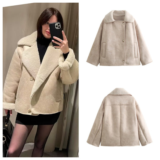 Damen Kurzjacke im Lammfell‑Look mit Teddy‑Kragen und Boxy‑Silhouette Nord Taschen