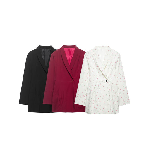 Damen Floraler Schalkragen-Blazer mit lockerem Schnitt und aufgesetzten Taschen Nord Taschen