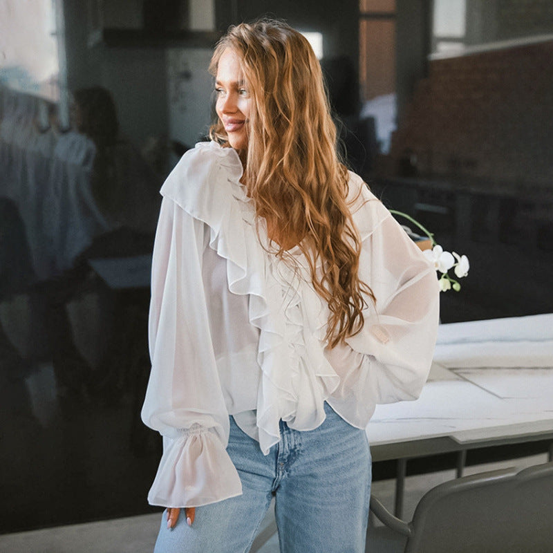 Damen Luftige Rüschenbluse aus Chiffon mit Oversize-Schnitten Nord Taschen