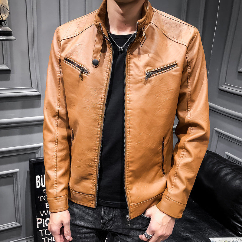 Herren Slim-Fit Kunstleder‑Racerblouson mit Stehkragen und Reißverschluss‑Brusttaschen Nord Taschen