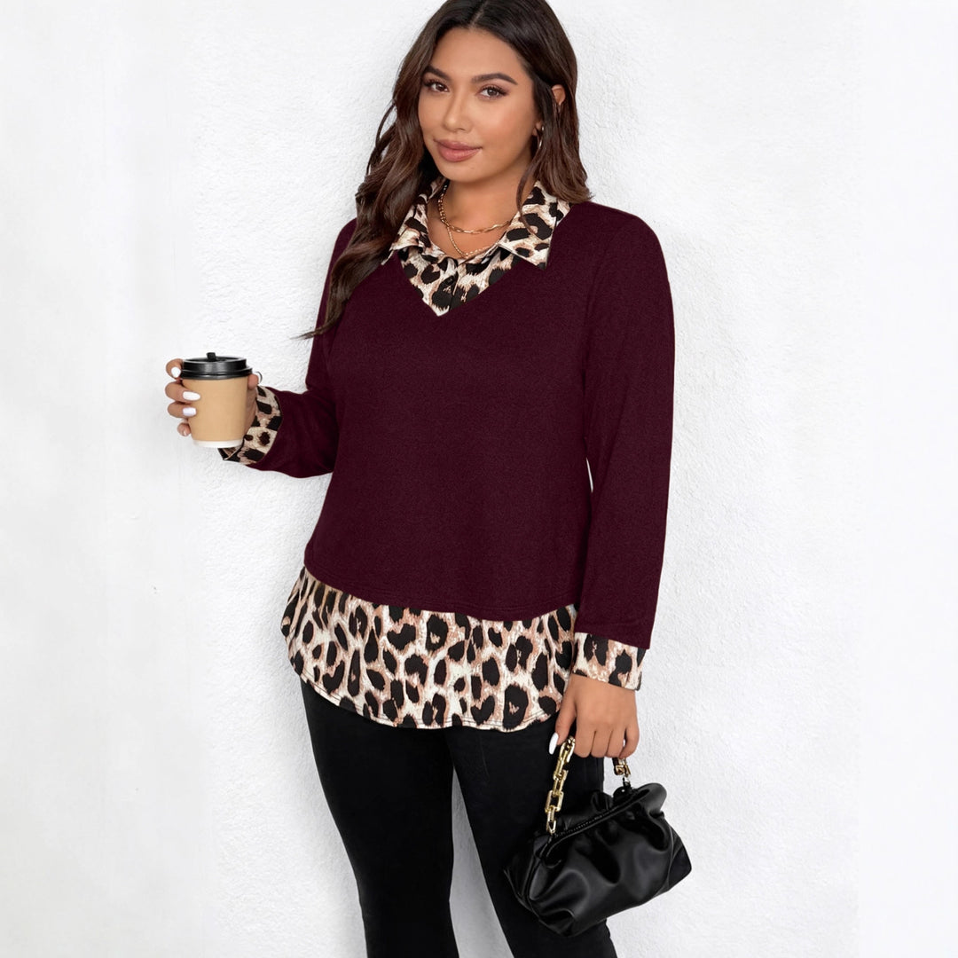 Damen Lagenlook-Pullover mit V-Ausschnitt und Leoprint-Blusen-Einsatz Nord Taschen