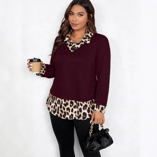 Damen Lagenlook-Pullover mit V-Ausschnitt und Leoprint-Blusen-Einsatz Nord Taschen