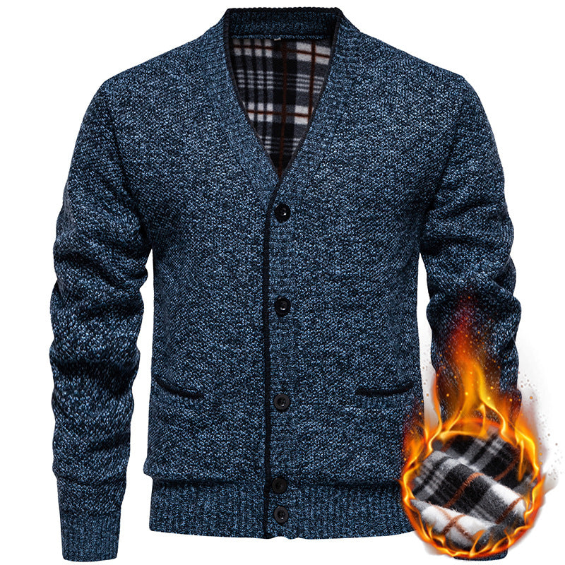 Herren Strukturierter V-Ausschnitt Strickcardigan mit kontrastierter Kante und kariertem Innenbesatz Nord Taschen