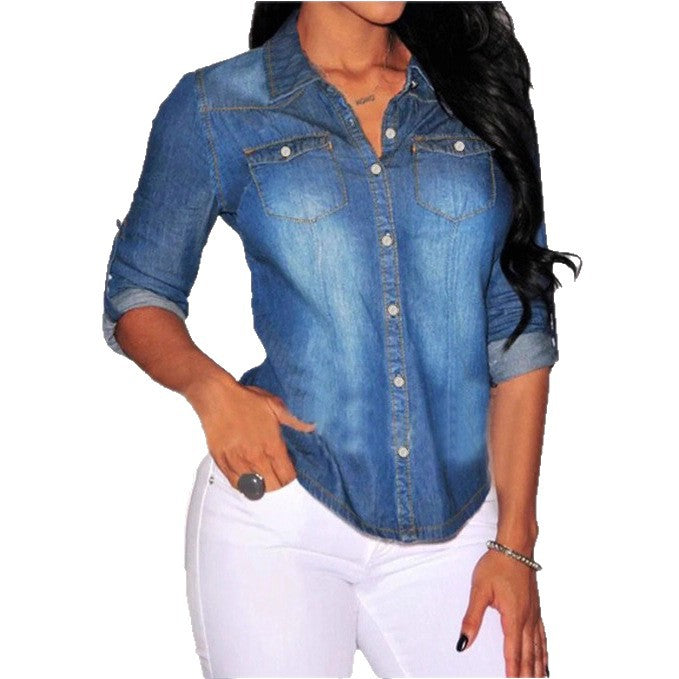 Damen taillierte Denim-Hemdbluse mit Brusttaschen und Perlmuttknöpfen Nord Taschen