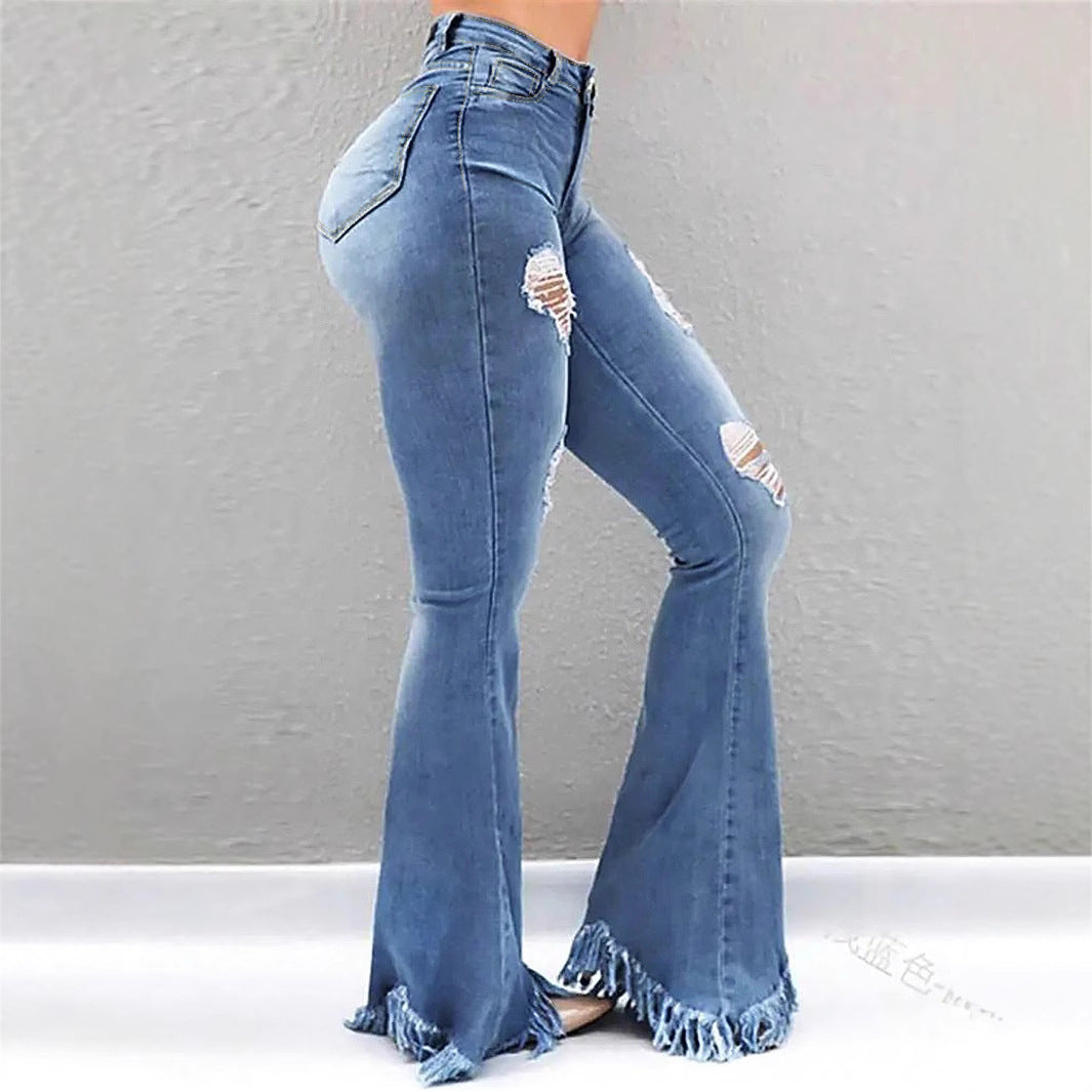 Damen High-Waist Flared-Jeans mit sculptendem Schnitt, Destroyed-Kniepartien und fransigem Volant-Saum Nord Taschen