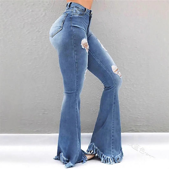 Damen High-Waist Flared-Jeans mit sculptendem Schnitt, Destroyed-Kniepartien und fransigem Volant-Saum Nord Taschen