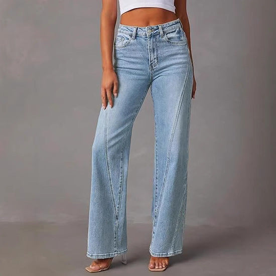 Damen High-Waist Wide-Leg Jeans mit dekorativer V-Naht Nord Taschen