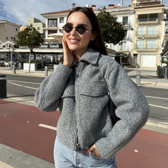 Damen Kastenförmige Wollmix-Überhemdjacke mit aufgesetzten Brustklappen und verdecktem Reißverschluss Nord Taschen
