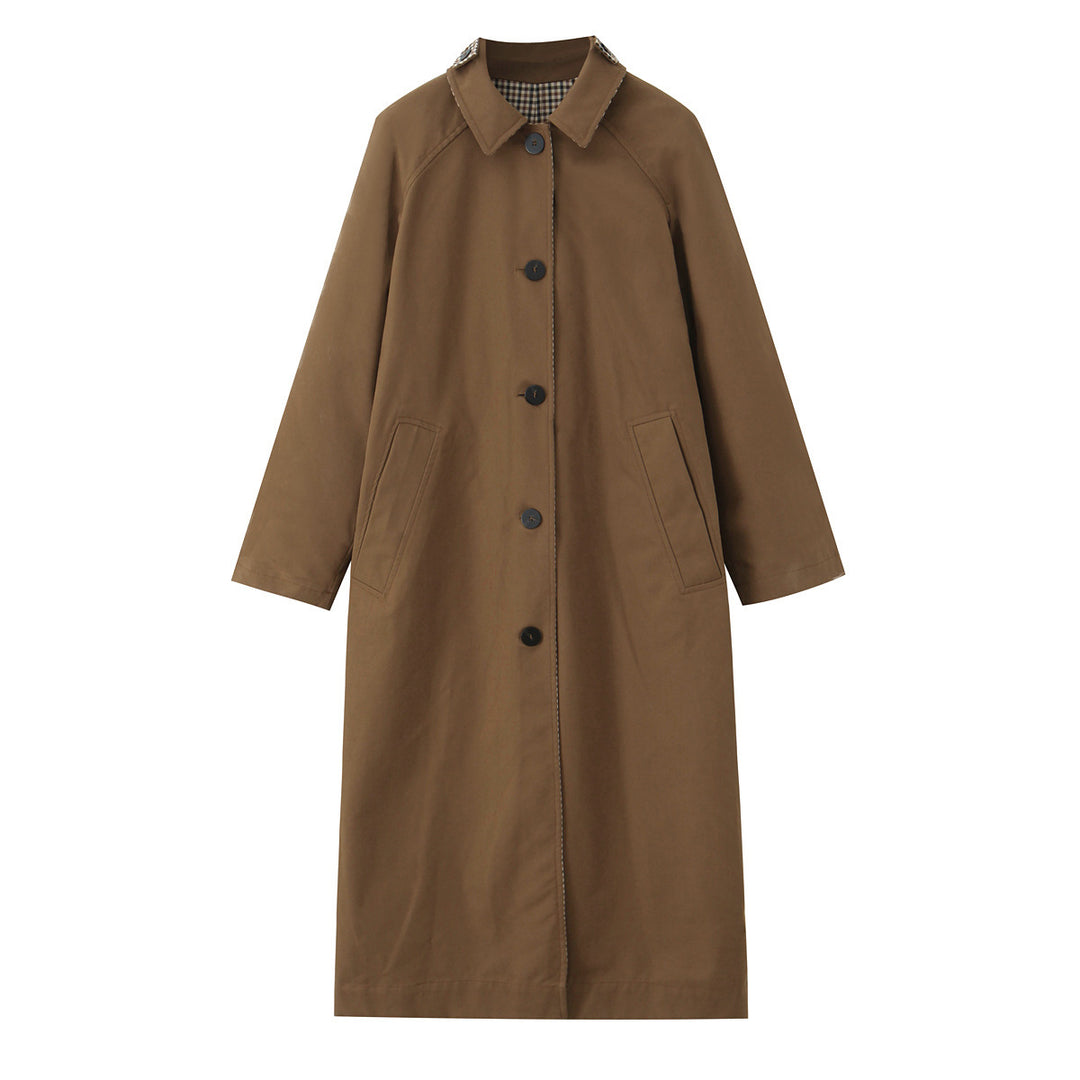 Damen langer minimalistischer Trenchcoat mit kariertem Innenfutter Nord Taschen