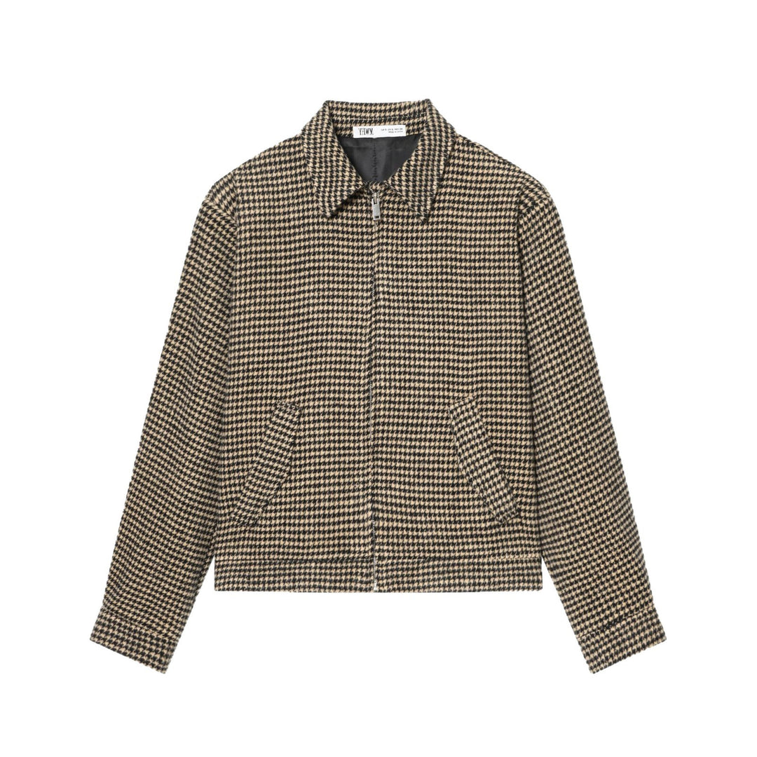 Damen Boxy-Kurzjacke aus Wollmix mit Hahnentrittmuster, Reißverschluss und Hemdkragen Nord Taschen