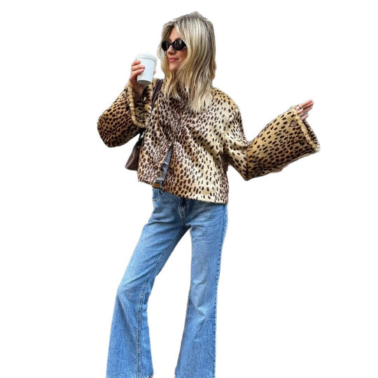Damen Kurzblouson aus Kunstfell mit Leopardenmuster, Boxy‑Silhouette & weitem Ärmel Nord Taschen