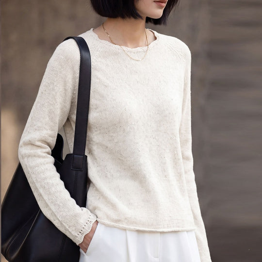 Damen leichter Feinstrickpullover mit dezenter Glitzeroptik und Raglanärmeln Nord Taschen