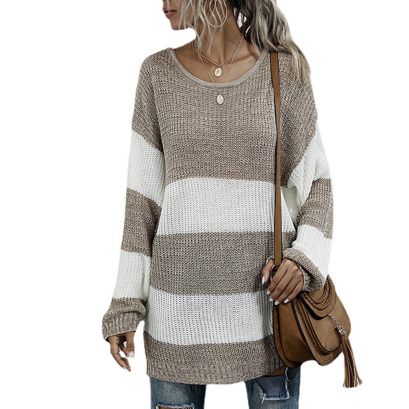 Damen Oversize Longpullover mit Blockstreifen und Rundhalsausschnitt Nord Taschen
