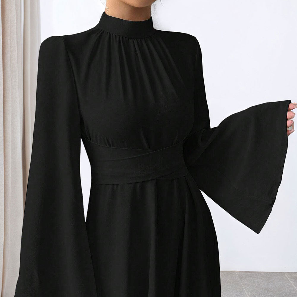 Damen elegantes Maxikleid mit Stehkragen, geraffter Taillenpartie und ausgestelltem A‑Linien‑Rock Nord Taschen