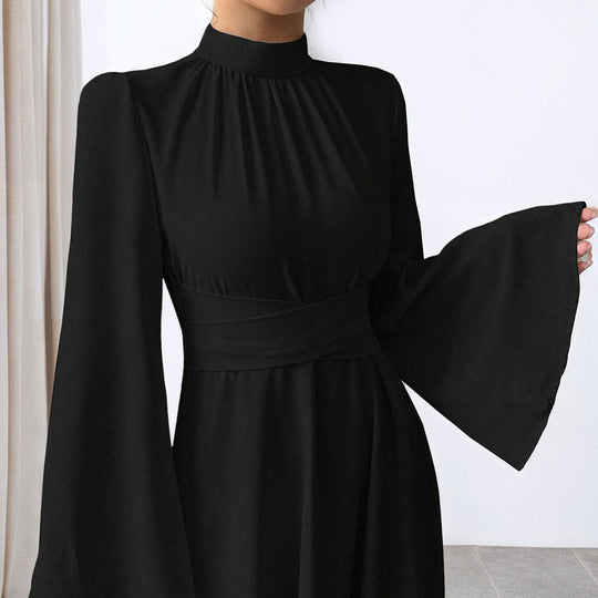 Damen elegantes Maxikleid mit Stehkragen, geraffter Taillenpartie und ausgestelltem A‑Linien‑Rock Nord Taschen