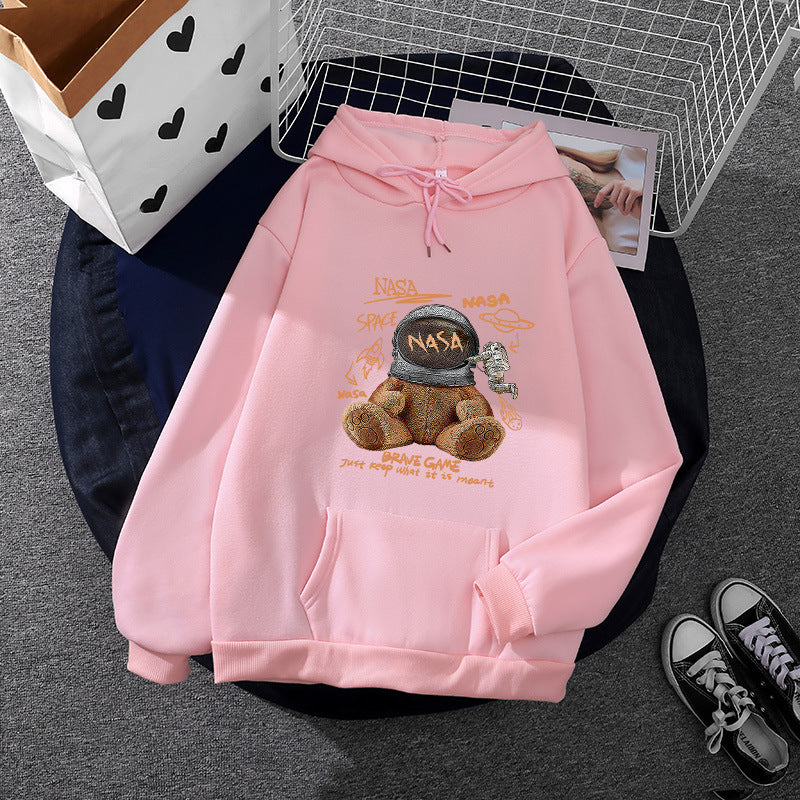 Damen nan lässiger Hoodie mit Astronauten‑Teddy‑Print, Kängurutasche und weichem Fleece-Innenfutter Nord Taschen