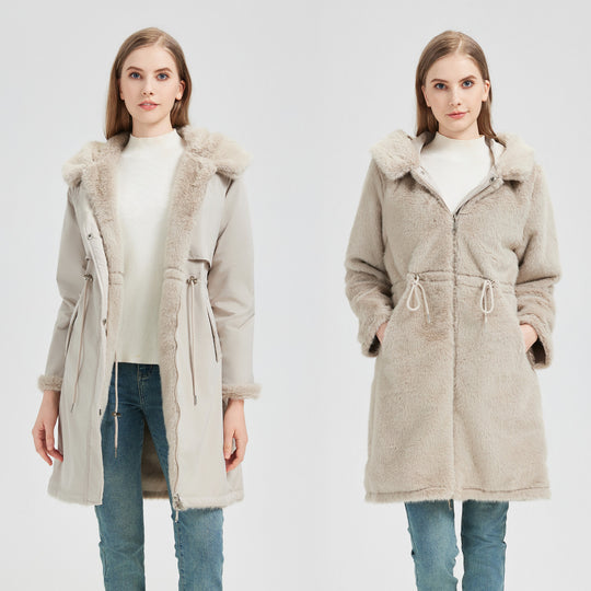 Damen nan taillierter langer Thermoparka mit Webpelzbesatz an Kapuze und Ärmeln sowie Kordeltaille Nord Taschen
