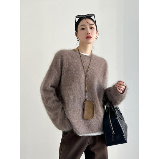 Damen weicher Mohair-Pullover mit Rundhals und Oversize-Schnitt Nord Taschen
