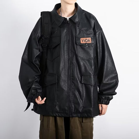 Unisex Oversized Utility Lederimitat Jacke mit Mehreren Klappentaschen Nord Taschen