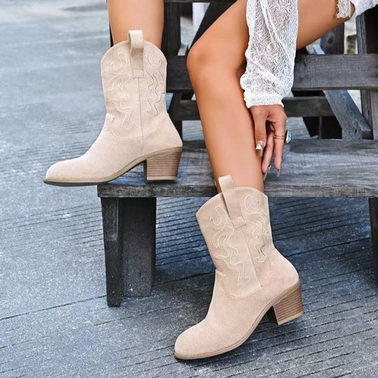 Damen Kurzschaft-Ankleboots im Westernstil aus Velours mit gestickter Ziernaht und Blockabsatz Nord Taschen