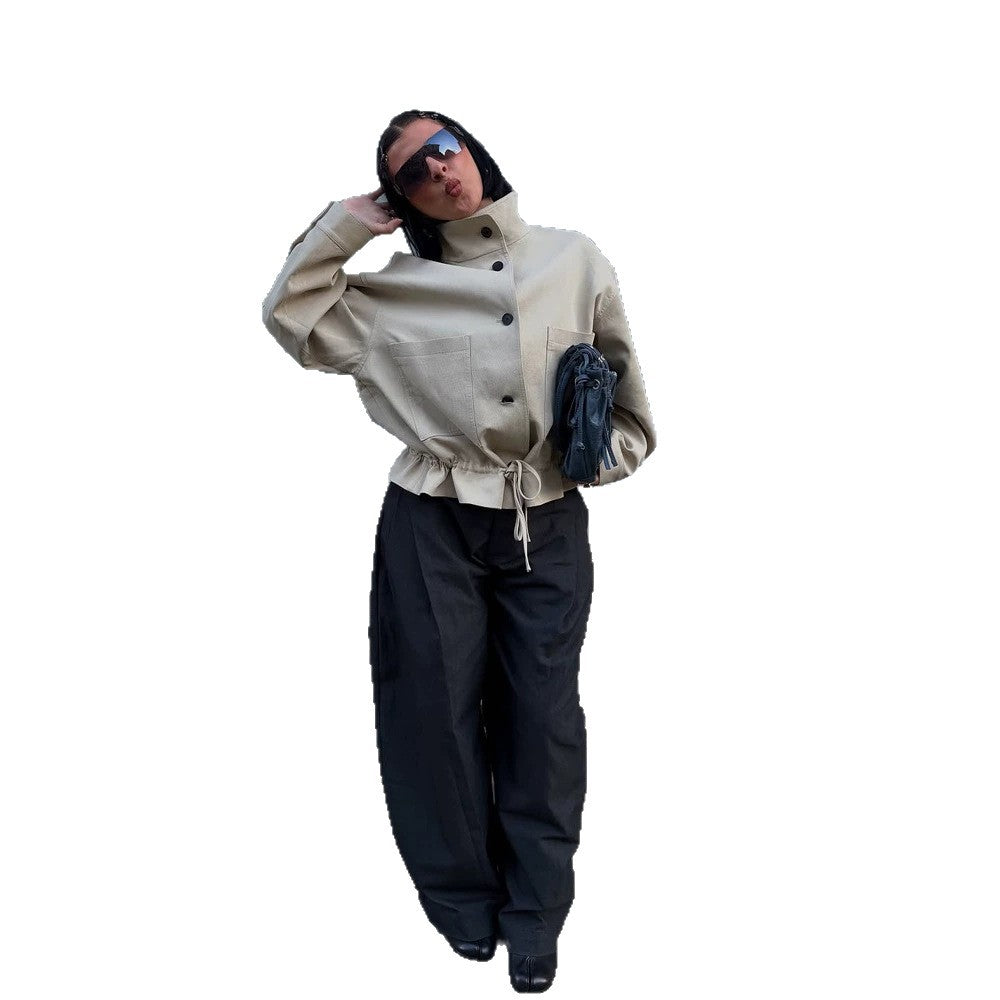 Damen Kurzgeschnittener Oversize-Canvas-Blouson mit Stehkragen Nord Taschen