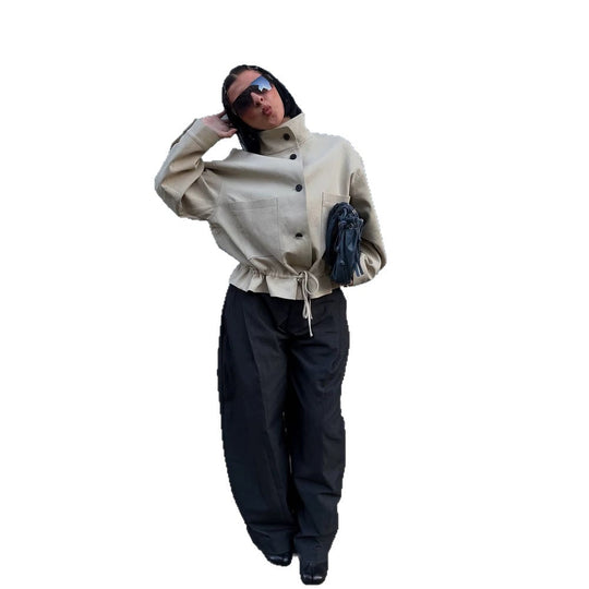 Damen Kurzgeschnittener Oversize-Canvas-Blouson mit Stehkragen Nord Taschen