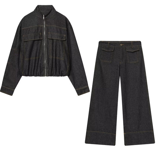 Damen Zweiteiliges Denim-Set mit Cropped-Zipjacke und weiter Highwaist-Jeans Nord Taschen