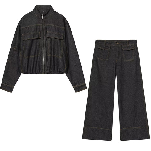 Damen Zweiteiliges Denim-Set mit Cropped-Zipjacke und weiter Highwaist-Jeans Nord Taschen