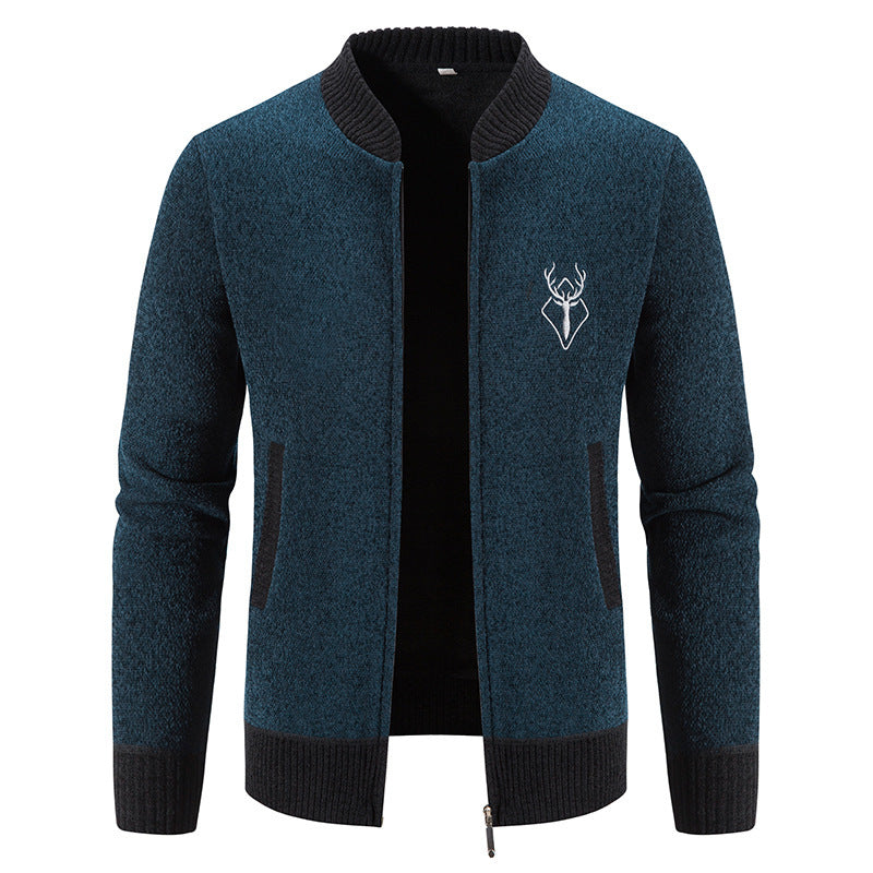 Herren lässiger Zip-Strickblouson mit weichem Thermofutter, geripptem Stehkragen und Hirsch-Logo Nord Taschen