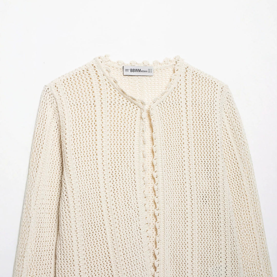Damen Leichter Häkel-Cardigan mit Lochmuster, Scallop-Saum und kastiger Silhouette Nord Taschen