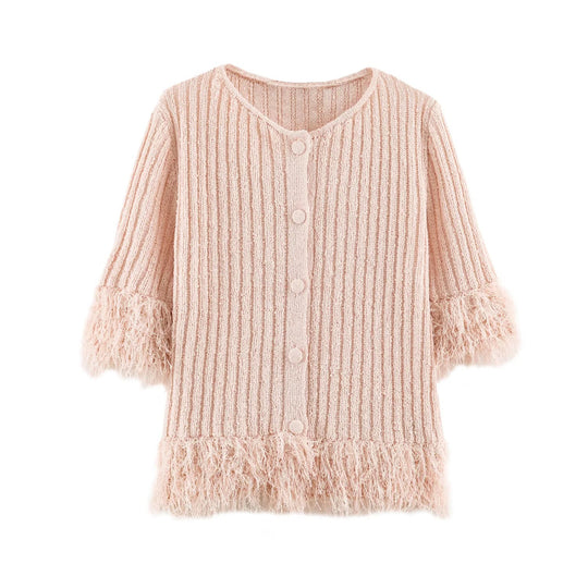 Damen Cardigan mit Fransenbesatz und Rippenstrick Nord Taschen