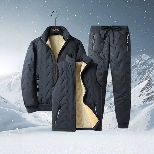 Herren dreiteiliges Thermo-Fleecegefüttertes Freizeit- und Outdoor-Set mit gesteppter Jacke Weste und Jogginghose Nord Taschen