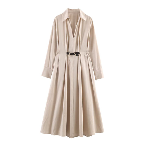 Damen Langärmeliges Hemdblusenkleid mit weitem Faltenrock und Taillengürtel Nord Taschen