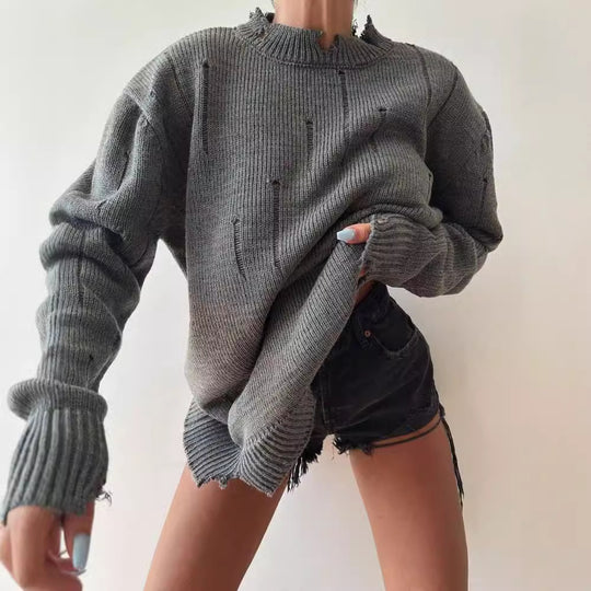 Damen Oversized Grobstrickpullover mit Distressed-Details und geripptem Saum Nord Taschen
