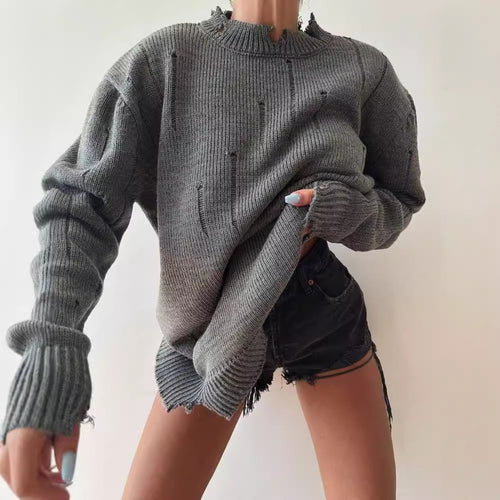 Damen Oversized Grobstrickpullover mit Distressed-Details und geripptem Saum Nord Taschen