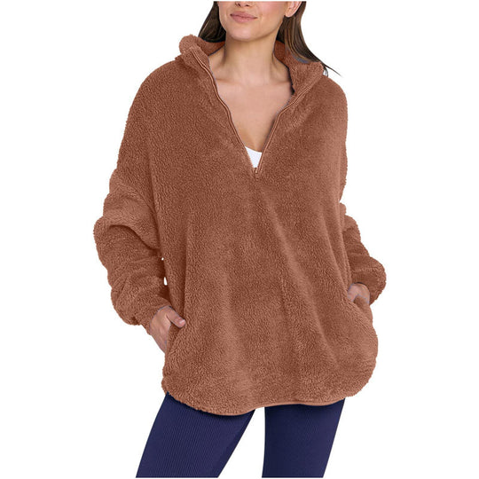 Damen Flauschiger Oversize-Sherpa-Pullover mit Halbzip und Kängurutaschen Nord Taschen