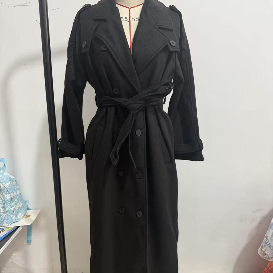 Damen langer Oversize Wollmantel mit weitem Revers und Gürtel Nord Taschen