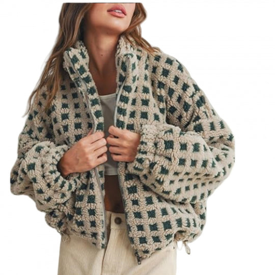 Damen Kurz geschnittene Sherpa Fleecejacke mit geometrischem Muster und Kordelzug Nord Taschen