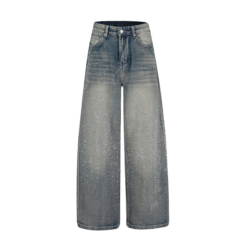Damen Weite hochgeschnittene Palazzo-Jeans mit Glitzereffekt und Used-Waschung Nord Taschen