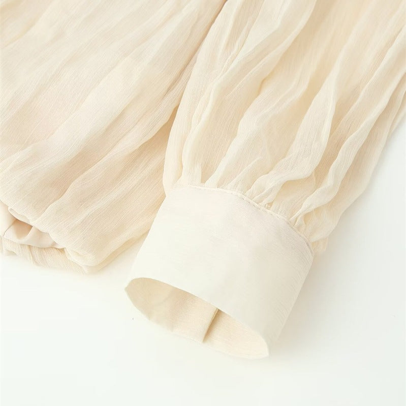 Damen Transparente Plissee-Chiffon-Bluse mit Halstuch-Schleife und asymmetrischem Saum Nord Taschen