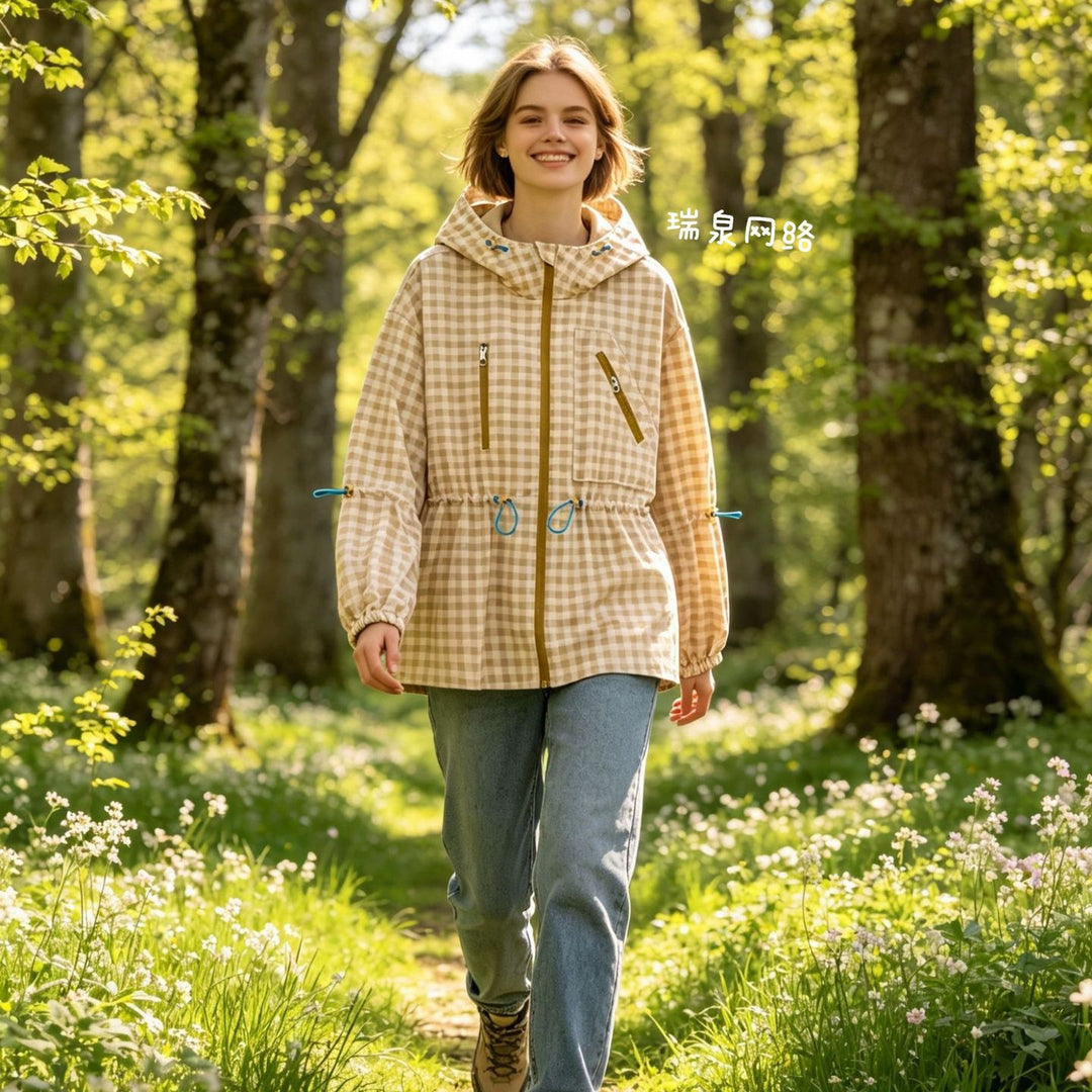 Damen Leichter Vichy‑Karo‑Parka mit Kapuze, Tunnelzugtaillierung und Reißverschlusstaschen Nord Taschen