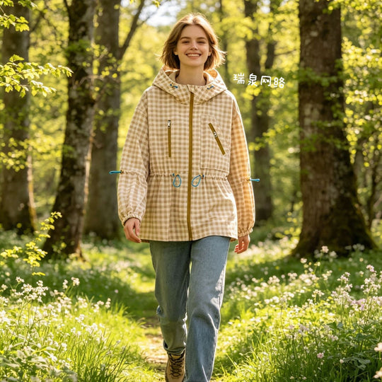 Damen Leichter Vichy‑Karo‑Parka mit Kapuze, Tunnelzugtaillierung und Reißverschlusstaschen Nord Taschen