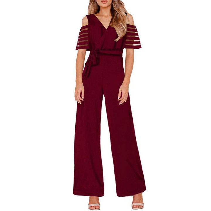 Damen Eleganter Jumpsuit mit transparenten Ärmel-Details und Taillengürtel