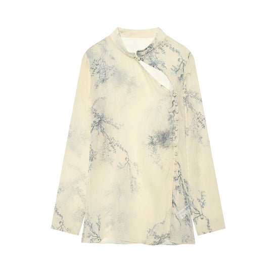 Damen Seidenbluse im Kimono‑Stil mit Mandarinkragen und dekorativer Knotenknopfleiste Nord Taschen