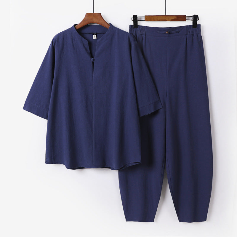 Herren Zweiteiliges Leichtes Leinen-Baumwoll-Set mit Mandarin-Kragen und elastischer Bundhose Nord Taschen