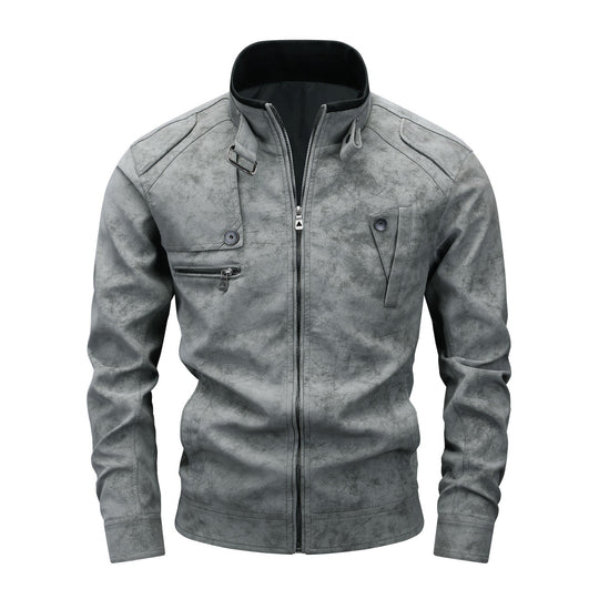 Herren Slim-Fit Biker-Bomberjacke aus Wildlederimitat mit Stehkragen und Zierknöpfen Nord Taschen