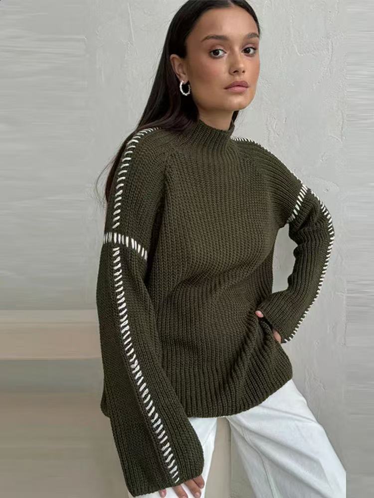 Damen Oversize-Strickpullover mit Stehkragen, Ballonärmeln und Ziernaht Nord Taschen