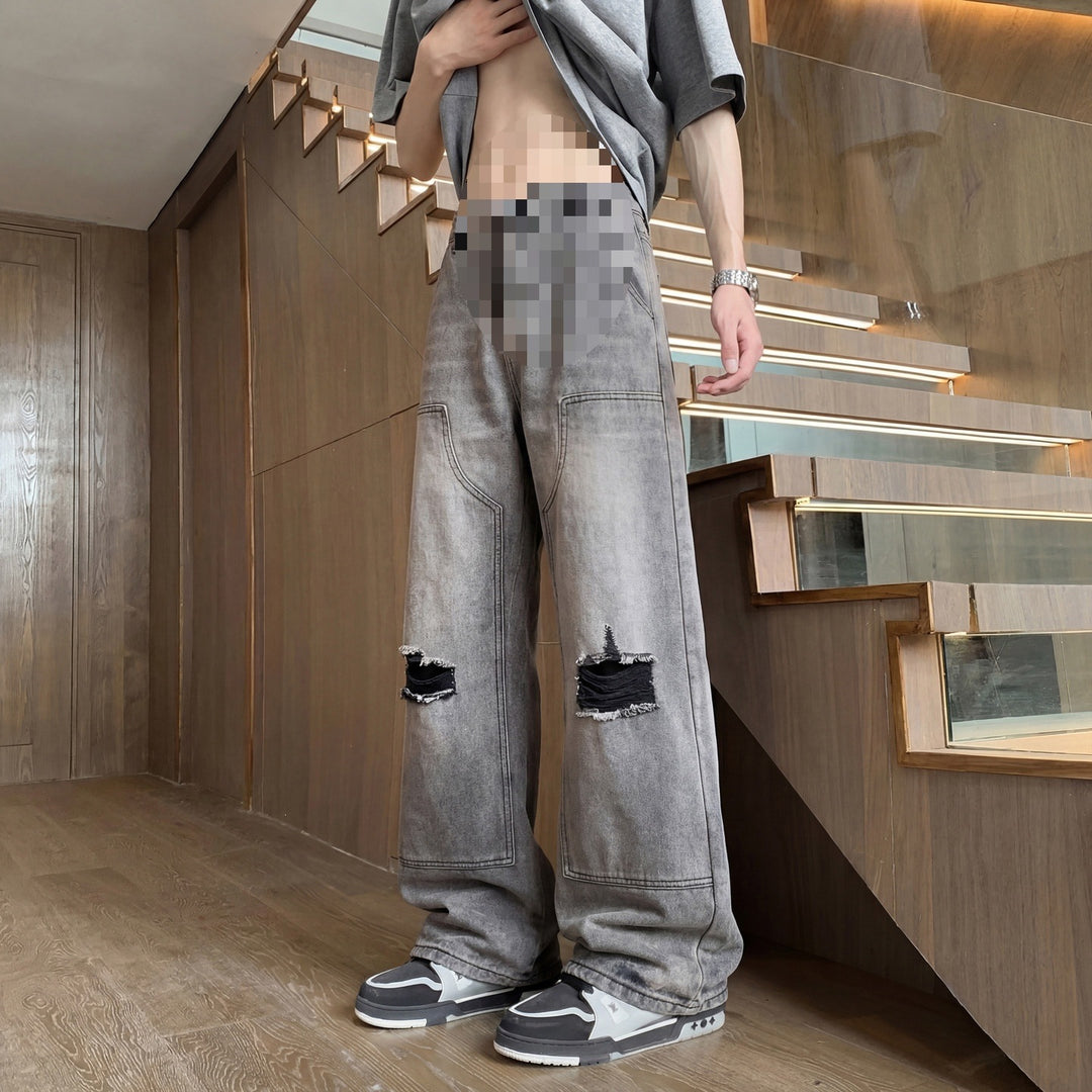 Herren Weite Baggy-Jeans mit Used‑Wash, Knie‑Rips & Utility‑Nähten Nord Taschen